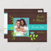 Turquoise Green Brown Floral Birds Save the Date Announcement Postcard (Front/Back)