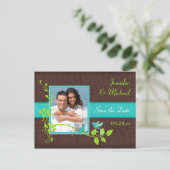 Turquoise Green Brown Floral Birds Save the Date Announcement Postcard (Standing Front)