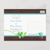 Turquoise Green Brown Floral Birds Save the Date Announcement Postcard (Back)
