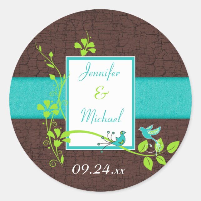 Turquoise Green Brown Floral Birds Wedding Favor Classic Round Sticker (Front)