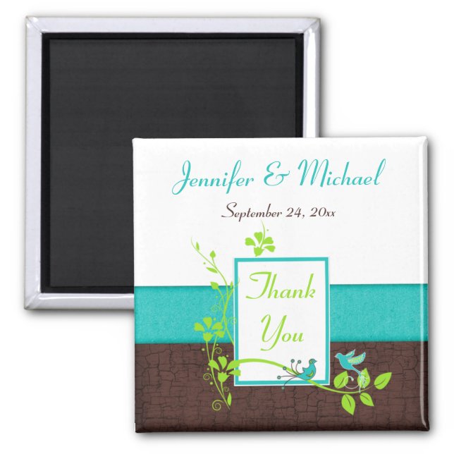 Turquoise Green Brown Floral Wedding Favor Magnet (Front)