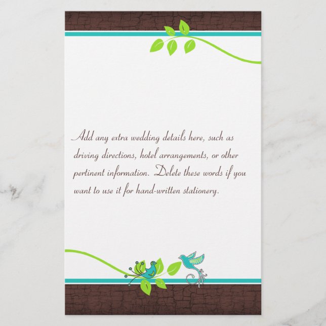 Turquoise Green Brown Love Birds Stationery (Front)