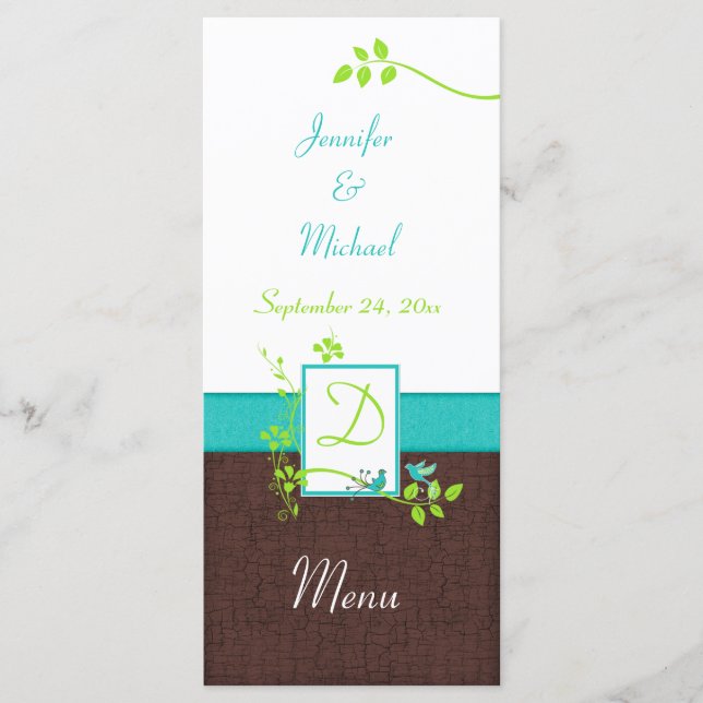 Turquoise Green Brown White Floral Birds Menu Card (Front)