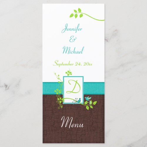 Turquoise Green Brown White Floral Birds Menu Card