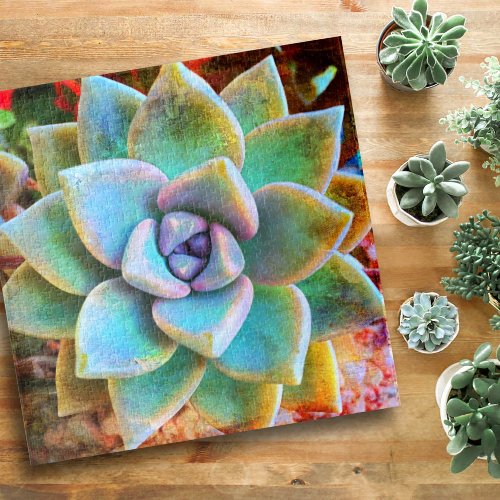 Turquoise Green Cactus Photo Bold Vibrant Square Jigsaw Puzzle