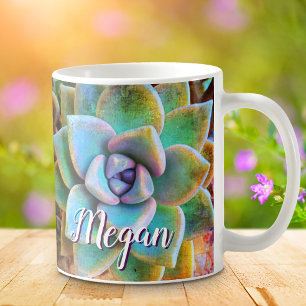 Turquoise green cactus photo monogram name script coffee mug