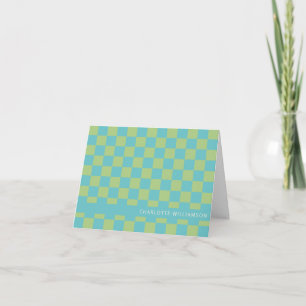 Turquoise Green Checkerboard Custom Name Retro Note Card