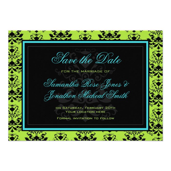Turquoise & Green Damask Save the Date Announcement