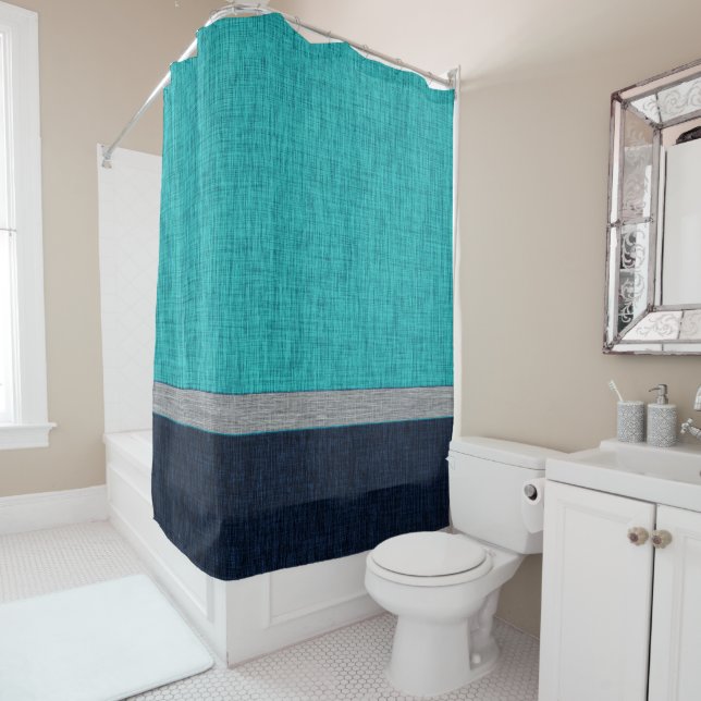 Turquoise Green Dark Blue Grey Nautical Stripe Shower Curtain (In Situ)