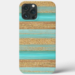 Turquoise Green Faux Gold Glitter Stripes Art iPhone 13 Pro Max Case