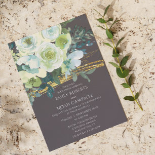 Turquoise Green Floral Gold Glitter Wedding Invitation