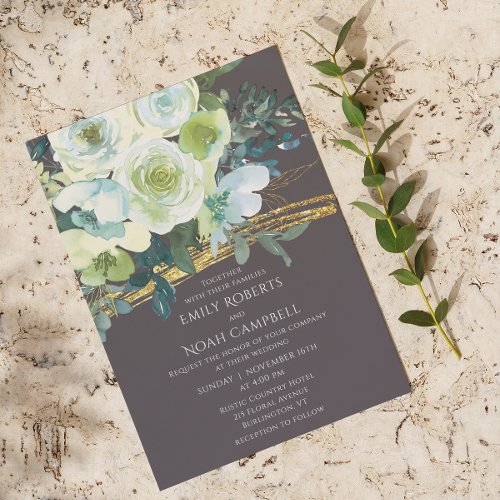 Turquoise Green Floral Gold Glitter Wedding Invitation