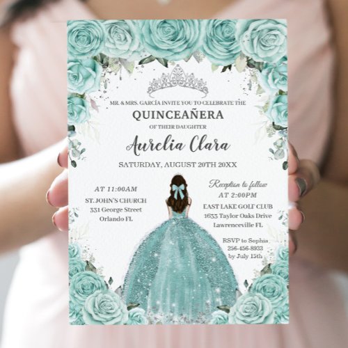 Turquoise Green Floral Princess Silver Quinceaera Invitation