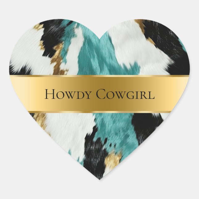 Turquoise Green Gold Black Cowhide Wedding Heart Sticker (Front)