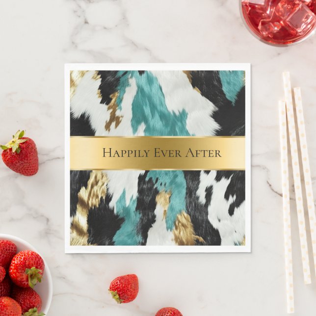 Turquoise Green Gold Black Cowhide Wedding Napkins (Insitu)