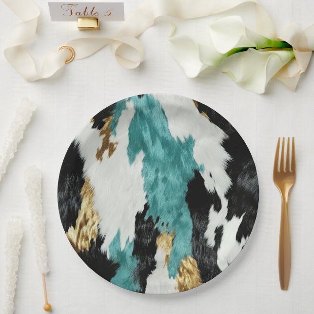 Turquoise Green Gold Black Cowhide Wedding Paper Plates (Wedding)