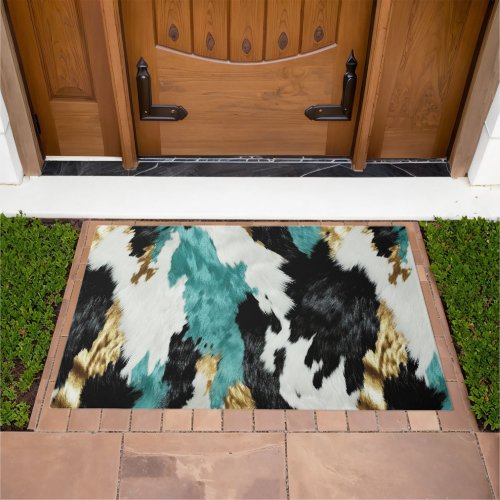 Turquoise Green Gold Black White Cowhide Doormat