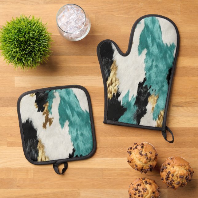 Turquoise Green Gold Black White Cowhide Oven Mitt & Pot Holder Set (Top Down)
