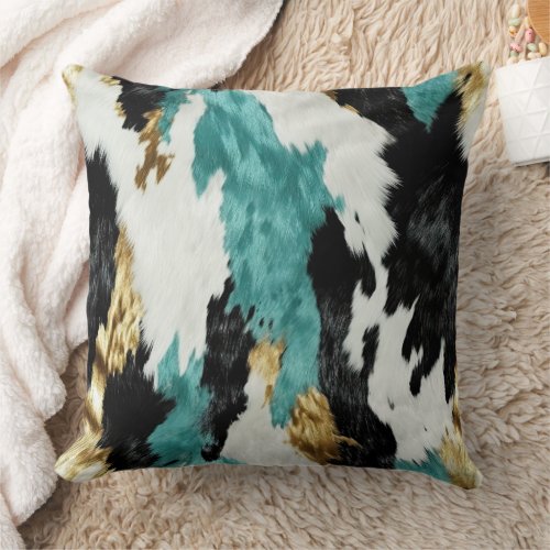 Turquoise Green Gold Black White Cowhide Throw Pillow