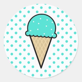 Turquoise Green Ice Cream Cone Classic Round Sticker by ColorStock at Zazzle