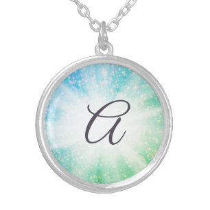 *~* Turquoise & Green Light Burst Sparkle Monogram Silver Plated Necklace