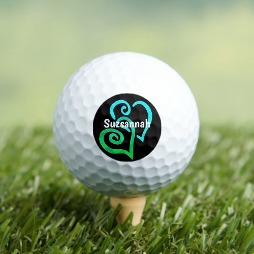 Turquoise Green Linked Hearts Name Custom Golf Balls