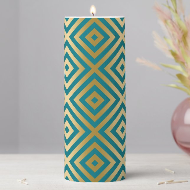 Turquoise-Green Modern Geometric Pattern Flameless Pillar Candle (In Situ)