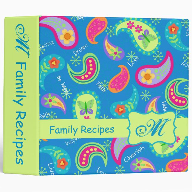 Turquoise Green Modern Paisley Pattern Monogram Binder (Front/Spine)