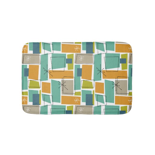 Turquoise Green Orange Funky Squares Mid Century Bath Mat (Front)