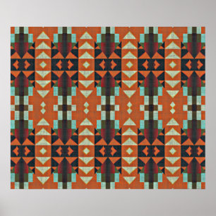 Turquoise Green Orange Red Ethnic Tribal Mosaic Poster
