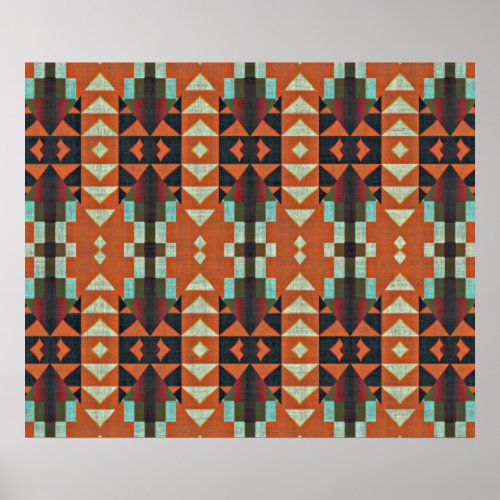 Turquoise Green Orange Red Ethnic Tribal Mosaic Poster