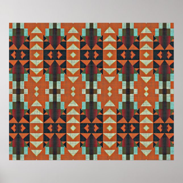 Turquoise Green Orange Red Ethnic Tribal Mosaic Poster (Front)