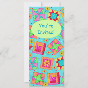 Turquoise Green Patchwork Quilt Block Art Invitation