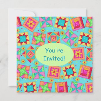 Turquoise Green Patchwork Quilt Block Art Invitation by phyllisdobbs at Zazzle