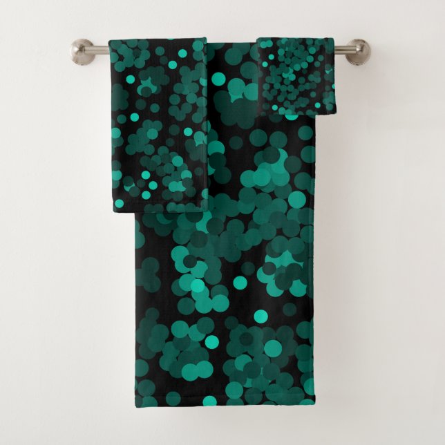 Turquoise green polka dot pattern on black bath towel set (Insitu)
