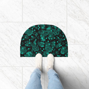 Turquoise green polka dot pattern on black doormat