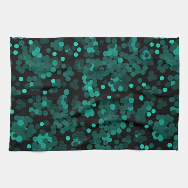 Turquoise green polka dot pattern on black kitchen towel (Horizontal)