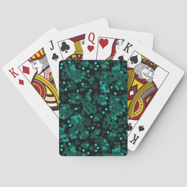Turquoise green polka dot pattern on black poker cards (Back)