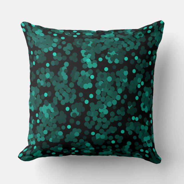 Turquoise green polka dot pattern on black throw pillow (Front)