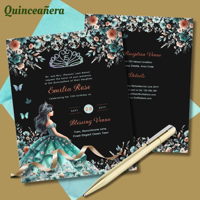 Turquoise Green Quinceanera Dress Floral Butterfly (Creator Uploaded)