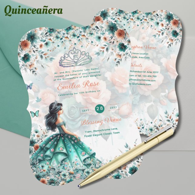 Turquoise Green Quinceanera Dress Floral Butterfly Invitation (Creator Uploaded)