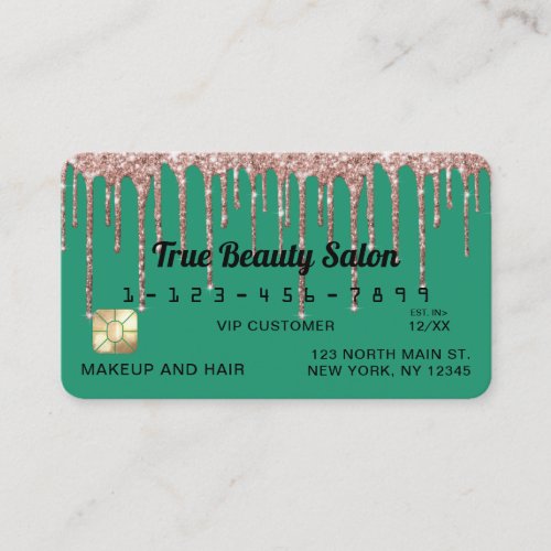 Turquoise Green Rose Gold Glitter Drips Credit Business Card