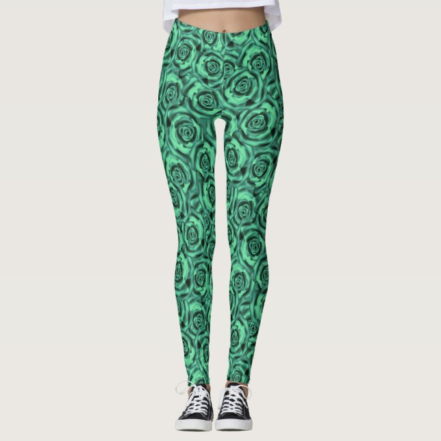 Turquoise-green, roses, floral, green, turquoise, leggings (Front)