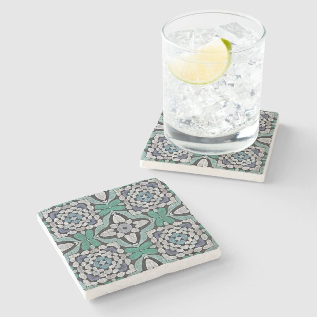 Turquoise Green Teal Blue Hip Bohemian Bali Art Stone Coaster (Side)