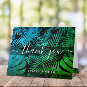 Turquoise green tropical palm leaf pattern script thank you card