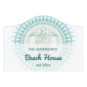 Turquoise Green Turtle And Mandala Coastal Door Sign