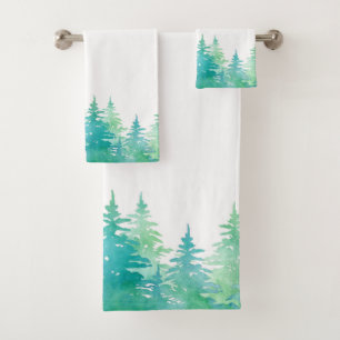 Turquoise Green Watercolor Evergreen Trees Bath Towel Set
