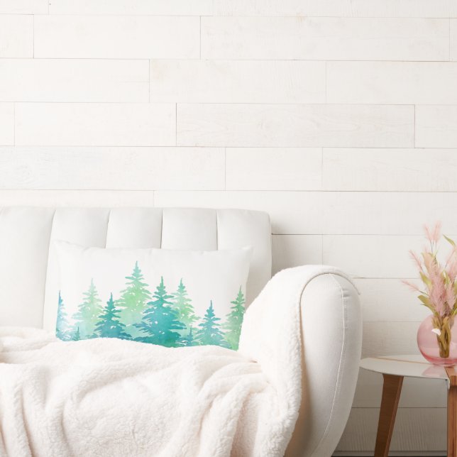 Turquoise Green Watercolor Evergreen Trees Lumbar Pillow (Couch)
