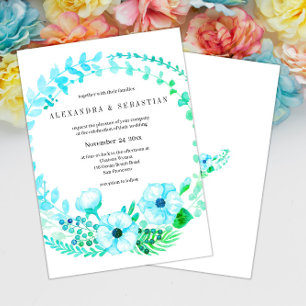 Turquoise Green Watercolor Floral Wedding Invitation
