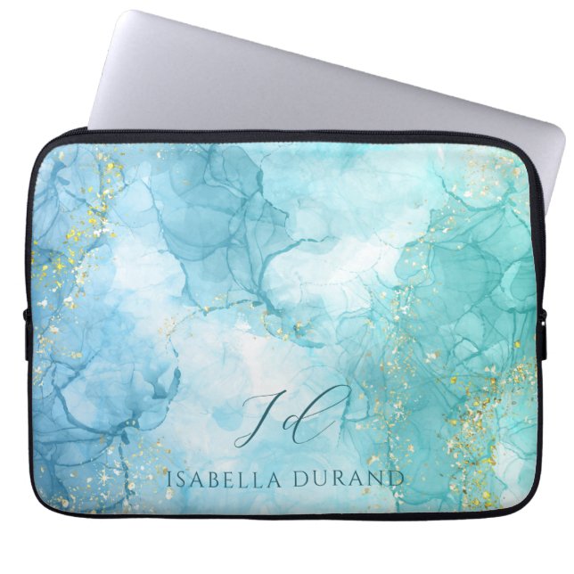 Turquoise Green watercolor Glitter Customizable Laptop Sleeve (Front)